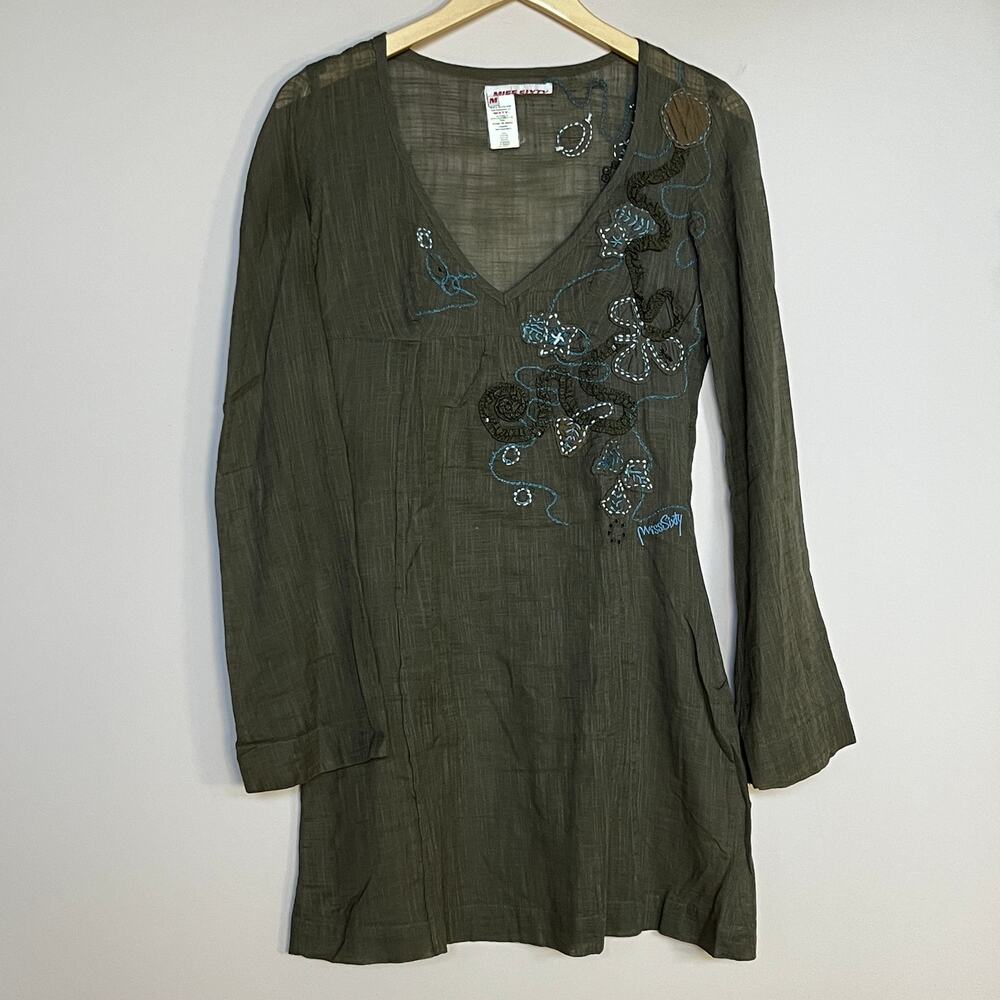 Miss Sixty Long Sleeve Appliqué Dress Olive Green Size M
